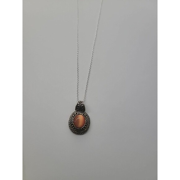Vintage Silver Tone Orange Cats Eye Pendant Necklace Ornate Filigree Setting - Picture 10 of 12